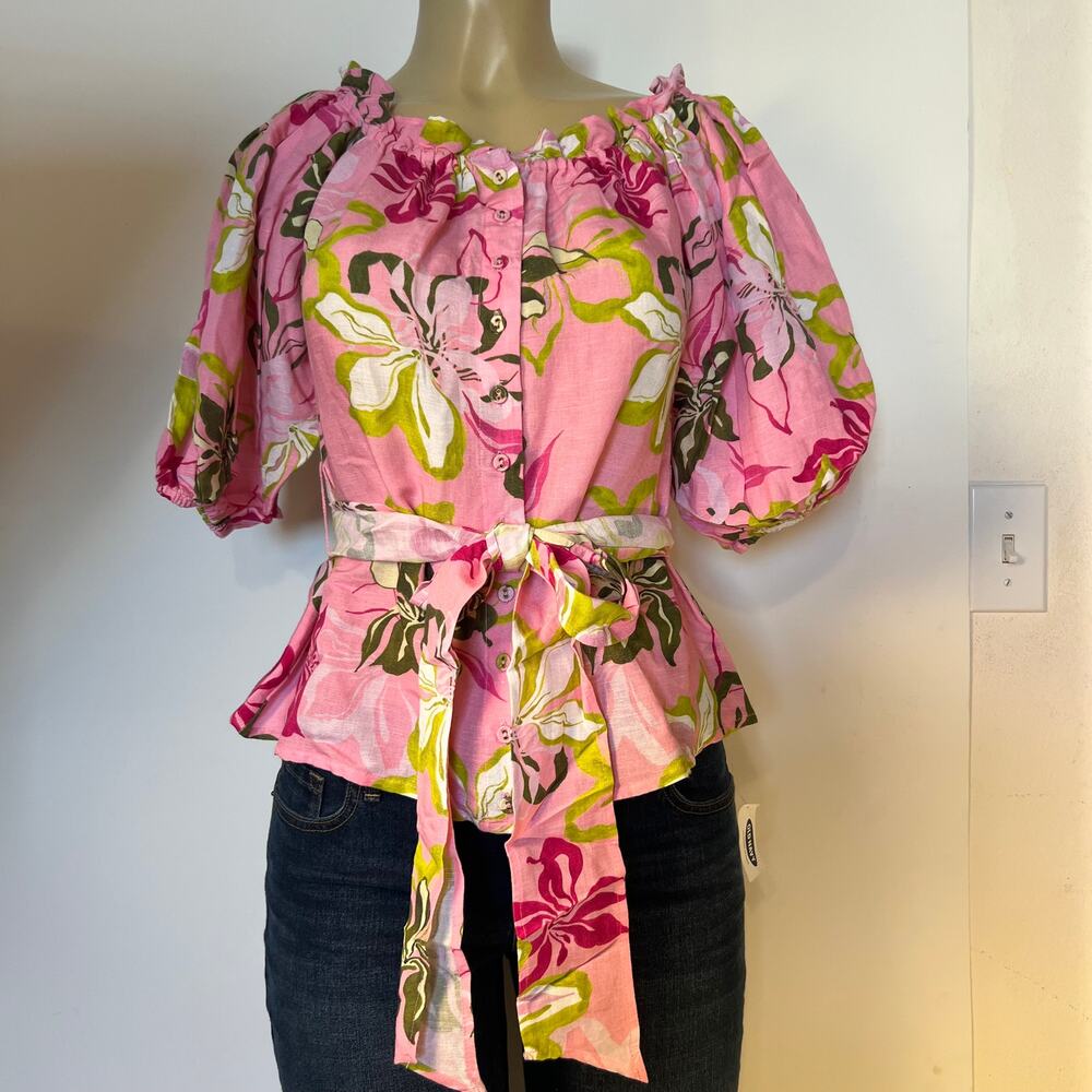 Boston Proper, Pink Linen Puff Sleeve Tie Waist Peplum Blouse Size XS